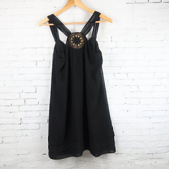 THEME BLACK SLEEVELESS SEMI SHEER MIDI DRESS WITH AZTEC BEADED DETAIL SIZE SMALL - Picture 7 of 9